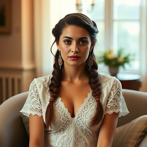 Create a portrait of a refined and elegant Ashkenazi woman seated in a sophisticated setting. She has long, wavy hair styled in two thick braids that are pulled over her shoulders. She wears a white, lace gown with intricate patterns, featuring a deep V-neckline and short sleeves. The dress exudes a vintage charm with its delicate lacework. She is adorned with ornate, dangling earrings that add a touch of glamour to her appearance. The background is softly lit, with warm, ambient lighting that creates a cozy and inviting atmosphere. Her expression is poised and serene, capturing a sense of grace and elegance.