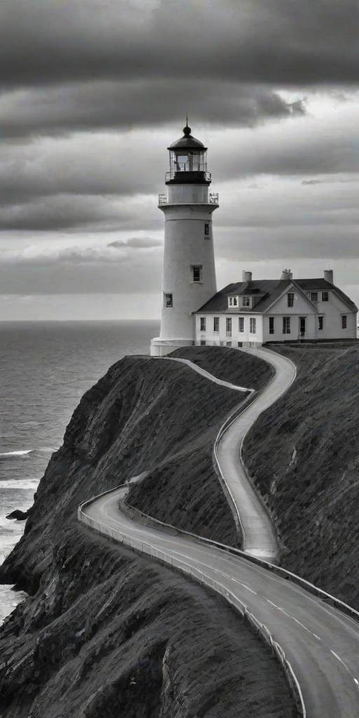 a black and white image of a lighthouse on a cliffside overlooking the ocean, with a winding road leading up to the lighthouse, and a cloudy sky in the background