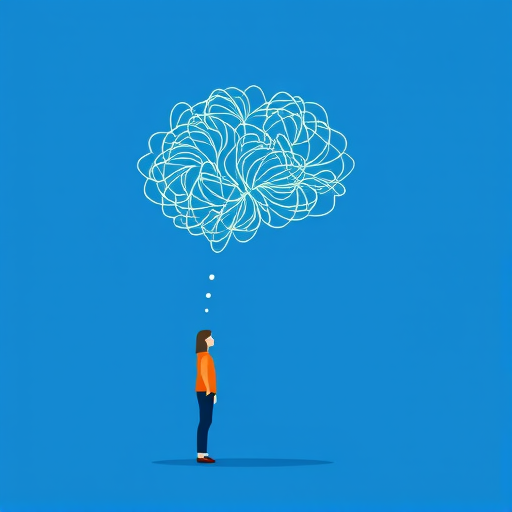 Create a minimalistic illustration of a person standing next to a large head, with a thought bubble connecting to the head filled with chaotic lines, use a flat design style, captured with a digital camera at f/8 aperture, ISO 100, 50mm lens, natural lighting, focus on clean lines and vibrant colors against a solid blue background.