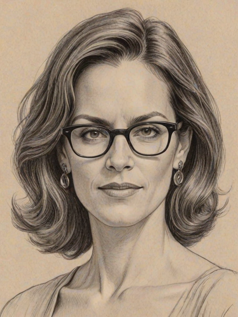 Appealing Annabeth Gish, pencil sketch, portrait of Attractive woman 1952s in glasses, hair style beatnik, outline, clear lines, fine lines, 8k