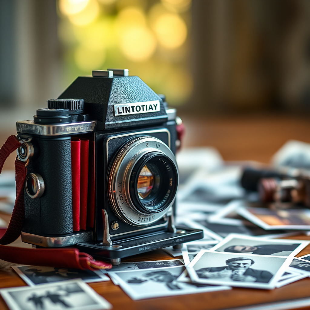 Create an artistic illustration of a vintage camera with red bellows placed next to scattered old photographs, use a shallow depth of field, focus on the camera with a bokeh effect in the background, shoot with a DSLR camera at f/2.8, ISO 200, 50mm lens, soft natural lighting.