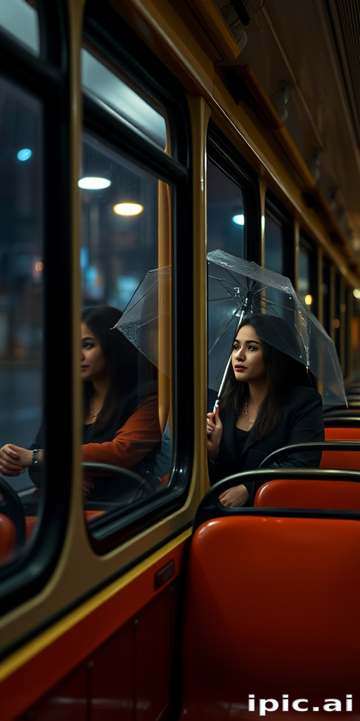 Serious young woman sitting on an empty tram looking out the window and seeing her reflection. The woman reflecting outside the window has an umbrella and smiling. rain , night . the magical atmosphere. glow