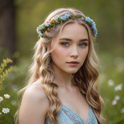 Create an image of a young Eurasian woman with long, wavy blonde hair, adorned with small, colorful flowers woven into her braids and loose strands. Her complexion is fair, with soft, glowing skin, and she has light blue eyes that gaze softly at the viewer. She wears a light, flowing dress with a gentle, ethereal quality, complementing her delicate and serene appearance. The background is slightly blurred, drawing focus to her tranquil expression and the intricate details of the flowers in her hair. The overall mood of the image is one of natural beauty and grace, evoking a sense of peacefulness and connection with nature.