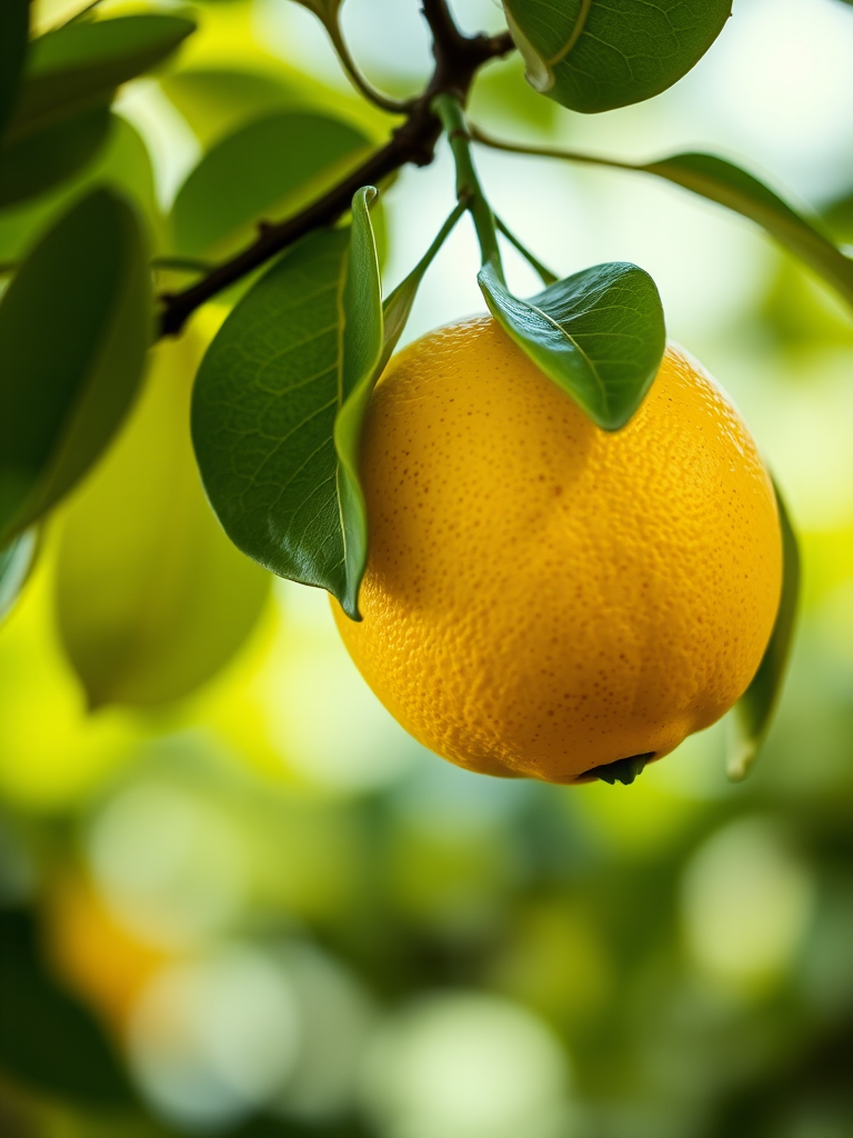 lemon hanging from a branch with green leaves, shallow depth of field, macro lens, f/2.8 aperture, 50mm focal length, ISO 100, natural lighting, soft bokeh background
