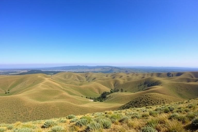 Generate a high-resolution image of a serene landscape featuring rolling hills and a clear blue sky, captured with a DSLR camera at f/8 aperture, ISO 100, 1/250 shutter speed, in a wide-angle view for maximum depth and clarity.