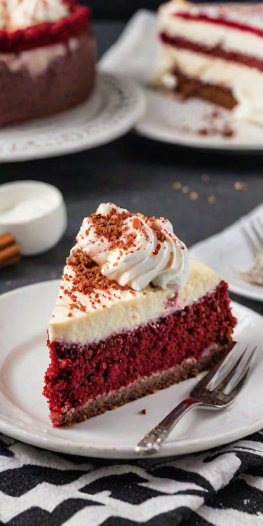 Generate an image of a slice of red velvet cheesecake on a white plate. The cheesecake has a smooth, creamy texture with a layer of rich red velvet cake at the bottom. It's topped with a fluffy layer of whipped cream and sprinkled with red velvet cake crumbs. The background features a decorative black and white patterned cloth. A whole cheesecake is visible in the background, showcasing its creamy filling and whipped cream topping.