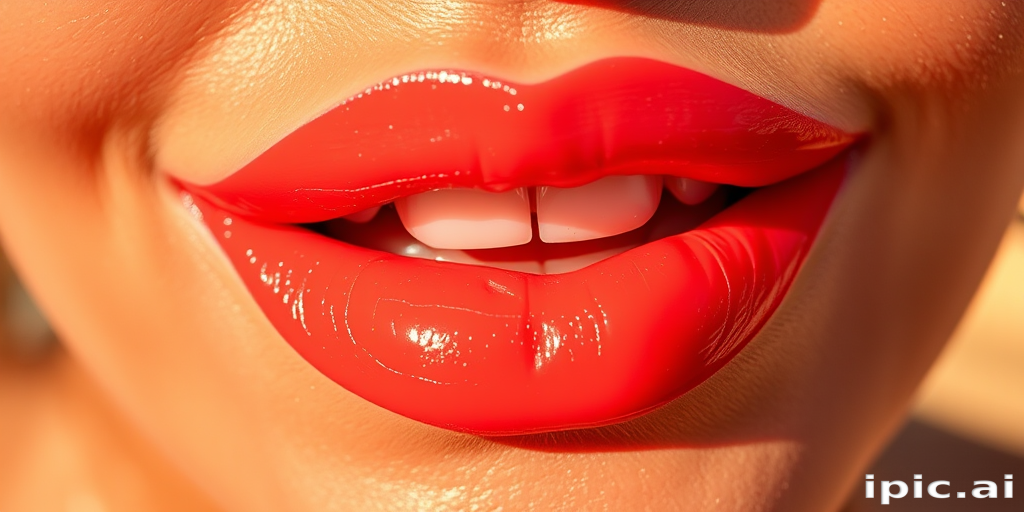 Vibrant coral "Sunset Bliss" lip color adorns full, luscious lips with a glossy finish, reflecting warm golden hues and subtle shimmer for a radiant, sun-kissed glow