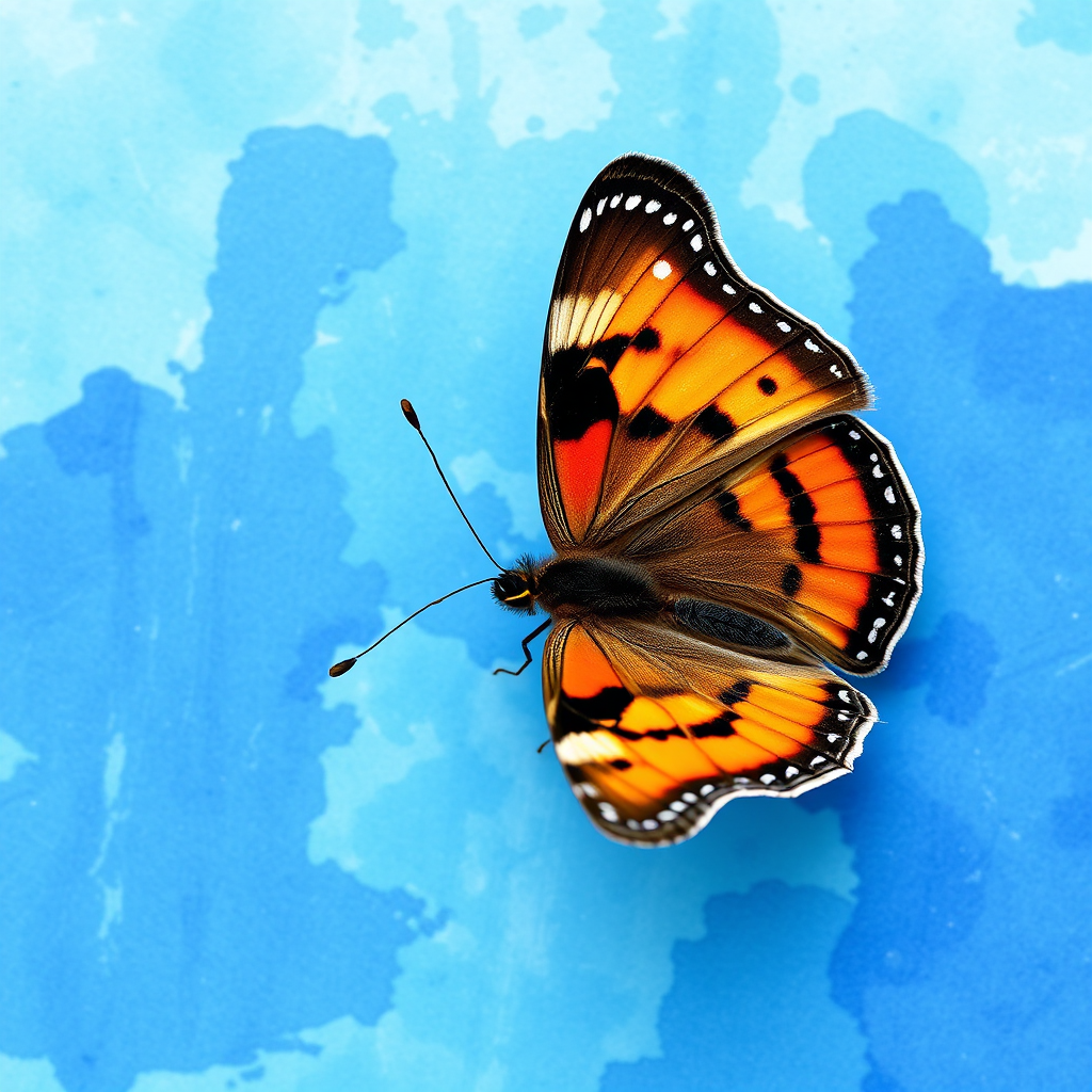 Create a vibrant, high-resolution image of a butterfly with orange and black patterns on a bright blue watercolor background using a DSLR camera with a 50mm lens, aperture f/1.8, ISO 200, and natural light.