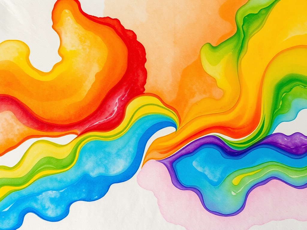 Create a colorful watercolor abstract background with vibrant fluid waves in hues of red, orange, yellow, green, blue, and purple on a textured beige paper, using a DSLR camera, lens at f/8, ISO 100, 50mm focal length, overhead view, and soft focus to enhance image quality.