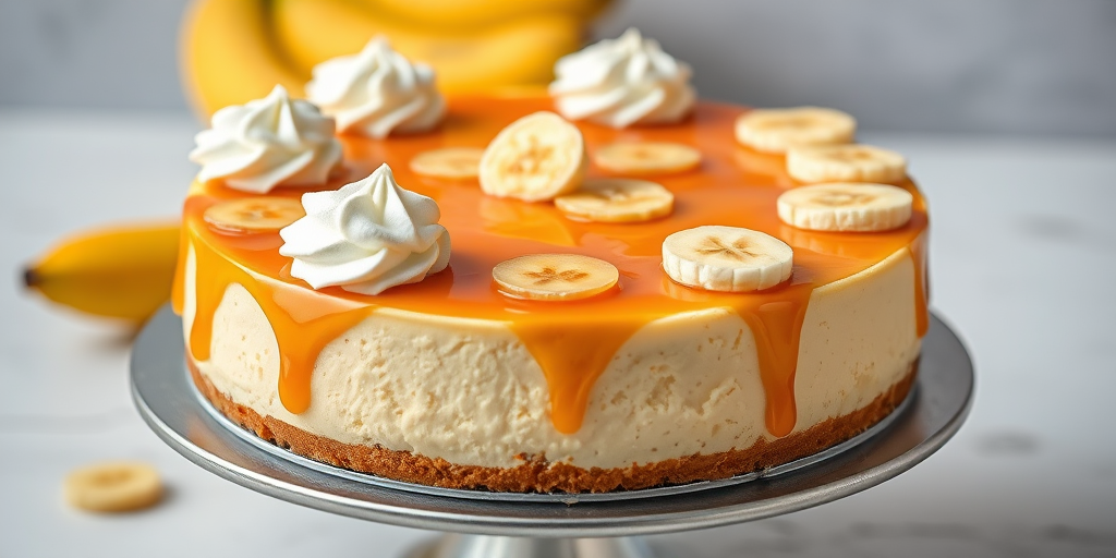 Create an image of a delicious banana cheesecake with a golden caramel topping and slices of banana on top. The cheesecake has a smooth texture and is garnished with swirls of whipped cream. The setting includes a metallic cake stand and fresh bananas in the background. Make the scene inviting and appetizing.
