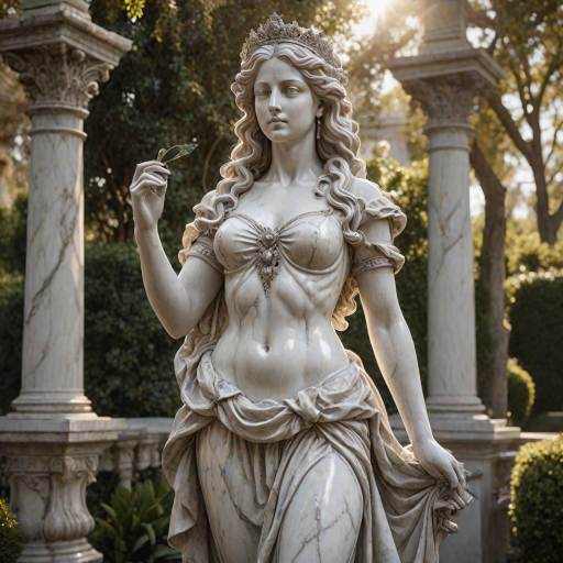 beautiful renaissance princess marble statue decorated with silver ornaments, standing in the sun (marble garden: 1.2), surrounded by topiaries, intricate curly hair, flawless marble skin, (weathered marble texture:1.35), detailed eyes, masterpiece, best quality, intricate details, high detail RAW color photo, very detailed, glorious lighting, cinematic lighting, contrast, bright light, gigapixel, 8k resolution, film, octane rendering, unreal, high definition, 8k uhd, professional lighting, photon mapping, radiosity, physically based rendering, award-winning photography, backlight, Photorealistic, Light particle tracing, vivid color, Obvious layers,Photography Award