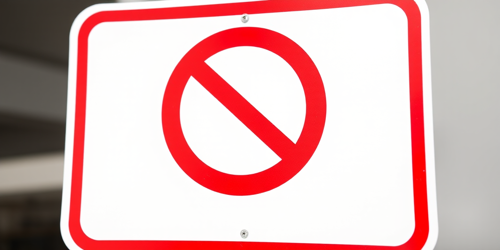 Create a high-resolution image of a red prohibition sign on a white background, using a DSLR camera with a 50mm lens, f/1.8 aperture, ISO 100, shutter speed 1/250s, shot from eye level with natural lighting for clarity and detail.