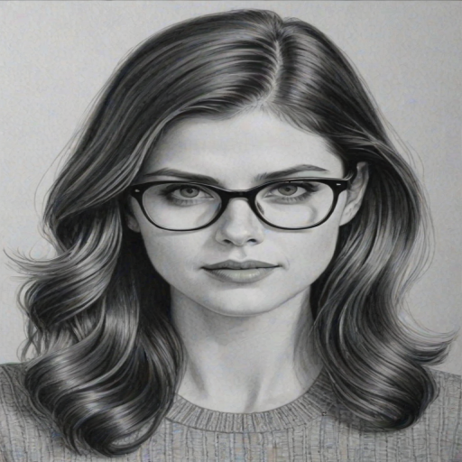Delightful Alexandra Daddario, pencil sketch, portrait of Exquisite woman 1944s in glasses, hair style beatnik, outline, clear lines, fine lines, 8k