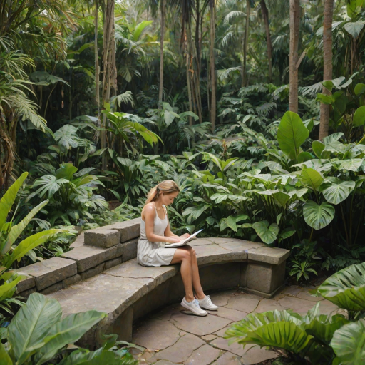 Quiet corner of a botanical garden, with tropical plants surrounding a stone bench, a woman sits with a notebook, sketching the lush greenery.