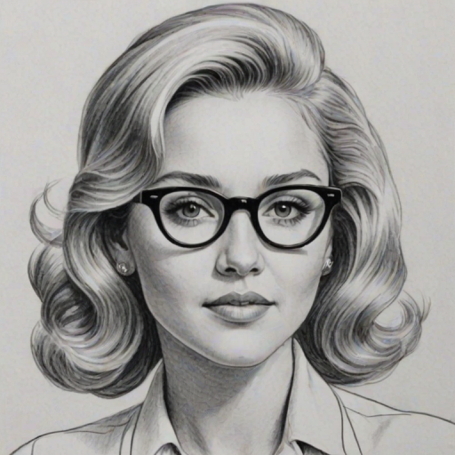 Wonderful Amanda Bynes, pencil sketch, portrait of Splendid woman 1950s in glasses, hair style beatnik, outline, clear lines, fine lines, 8k