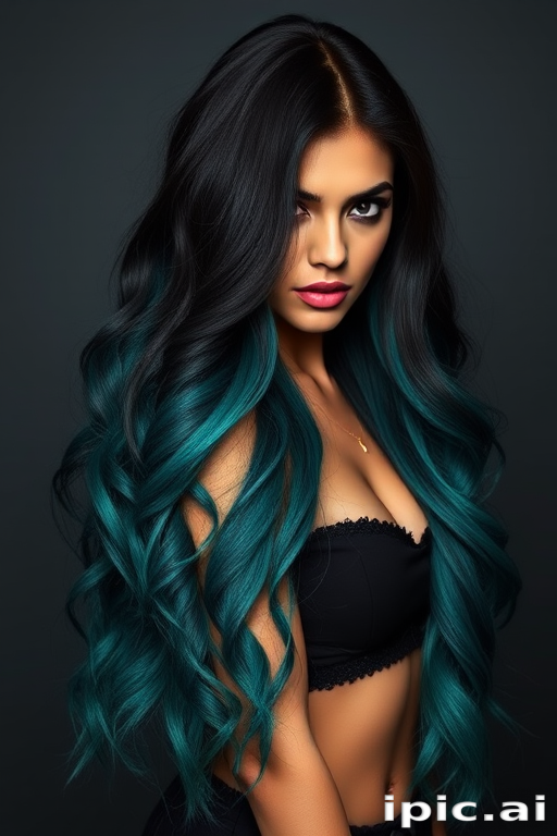 Sultry ombré-haired siren with waist-length locks transitioning from deep black roots to vibrant teal tips