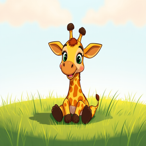 create a whimsical illustration of a cartoon giraffe sitting on grass with exaggerated facial expressions, use a vibrant color palette, set the camera to f/4.0 for a shallow depth of field, use a 35mm lens for a natural perspective, and apply a digital art style for enhanced clarity and detail