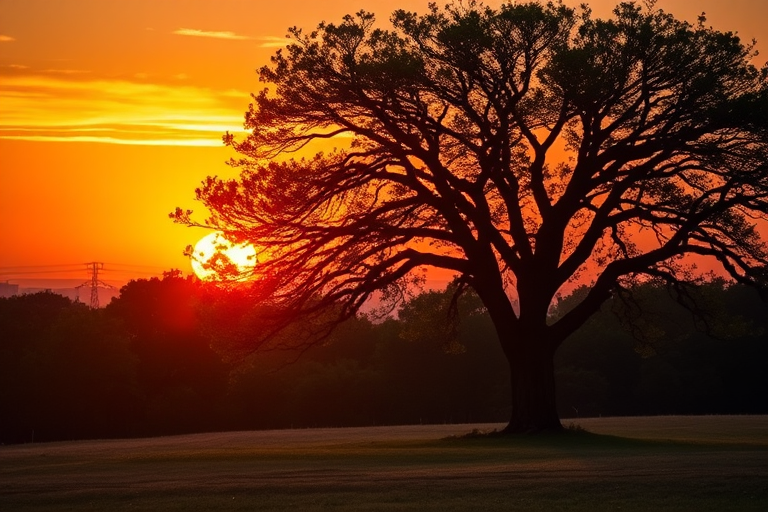 Generate a vibrant, high-resolution image of a tree landscape during sunset with warm colors, using a DSLR camera set to f/2.8 aperture, ISO 100, with a 50mm lens, shot in landscape orientation at a low angle to enhance depth and detail.