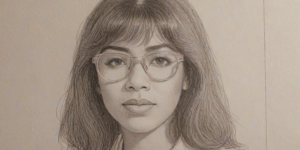 Bewitching Irene Cara, pencil sketch, portrait of Appealing woman 1963s in glasses, hair style beatnik, outline, clear lines, fine lines, 8k