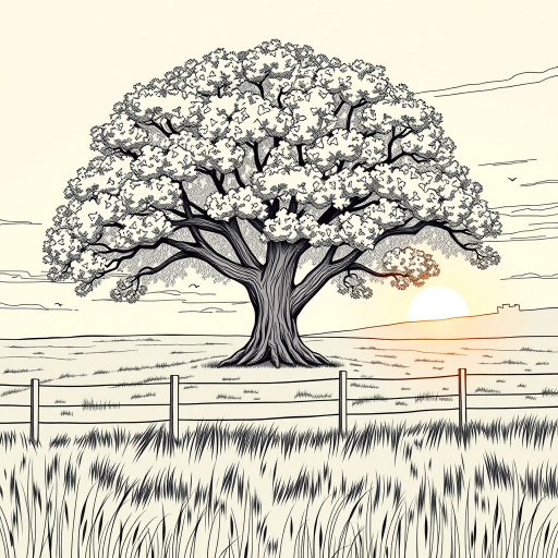 Generate a detailed line art illustration of a large leafy tree in a grassy field with a fence in the foreground and a sunset in the background, using a DSLR camera with a 50mm lens, aperture set to f/8 for depth of field, ISO 100 for clarity, and a slight vignette effect for emphasis on the tree.