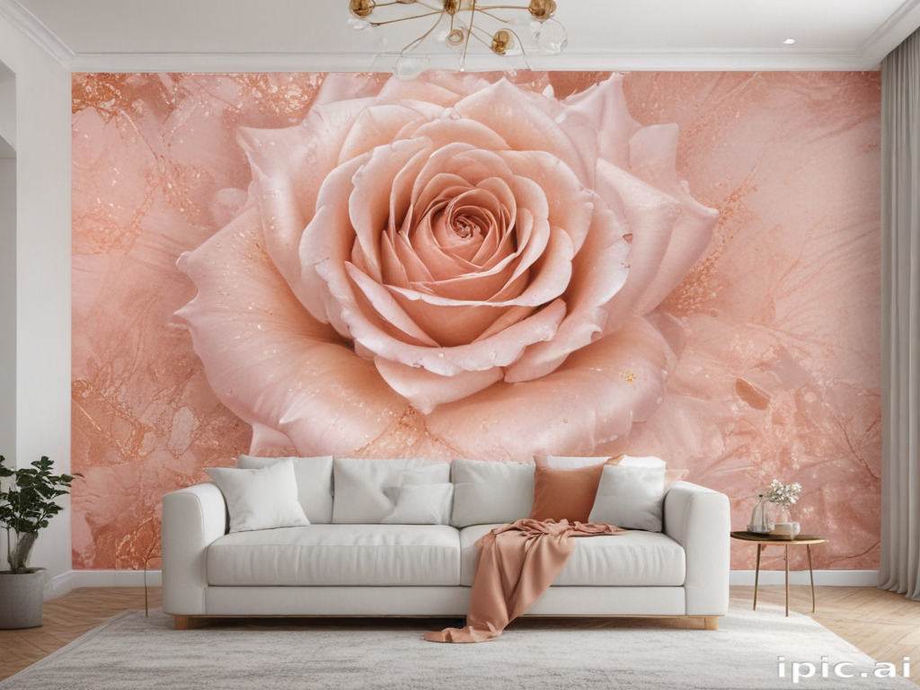 Elegant Living Room Featuring a Stunning Pink Rose Wall Mural Design