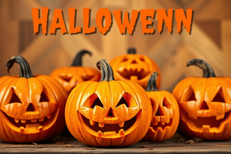 Create a Halloween-themed image featuring five carved pumpkins with different facial expressions, using a DSLR camera with a 50mm lens, aperture set to f/2.8, ISO 200, shot from a front view with vibrant colors and high contrast to enhance details.
