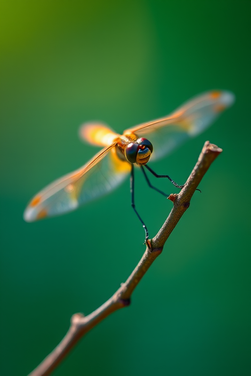 macro photograph of a dragonfly perched on a branch, shallow depth of field, ISO 100, f/2.8, shutter speed 1/250s, natural light, DSLR, 85mm lens, focus on the dragonfly with a soft bokeh background