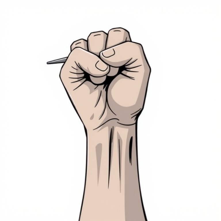 Create an illustration of a raised fist combined with a hair pick, emphasizing the power and unity symbolized by the fist, using a high-resolution digital camera with a 50mm lens, f/2.8 aperture, 1/100 sec shutter speed, and a softbox lighting setup to enhance details and contrast.