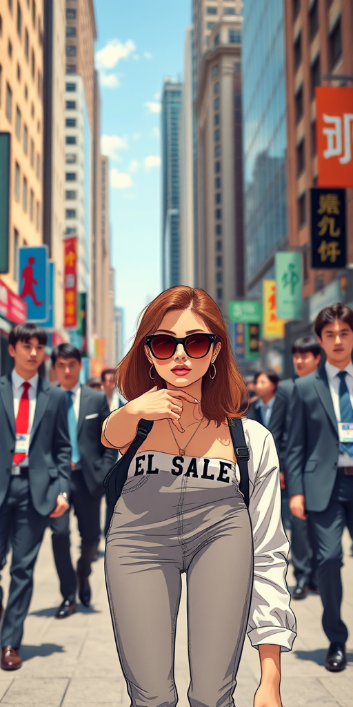 A confident woman in sunglasses stands at the center of a bustling city street, surrounded by suited men, captured in a vibrant, high-contrast anime style, using a Canon EOS R5 with a 50mm f/1.2 lens, shooting at ISO 100, f/2.8, 1/250s, in portrait orientation for enhanced focus on the subject.
