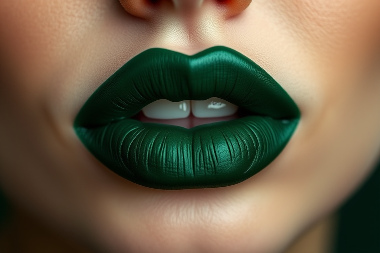 Deep forest green lips with a velvet matte finish, "Evergreen Empress" offers a rich, nature-inspired hue with a soft, velvety texture for a regal look