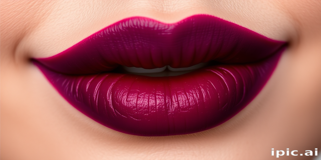 Luscious berry-stained pout boasts a matte finish, showcasing deep purple hues that fade into rich burgundy, capturing attention with its bold and dramatic appearance