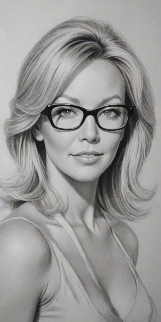 Ravishing Heather Locklear, pencil sketch, portrait of Magnificent woman 1953s in glasses, hair style beatnik, outline, clear lines, fine lines, 8k