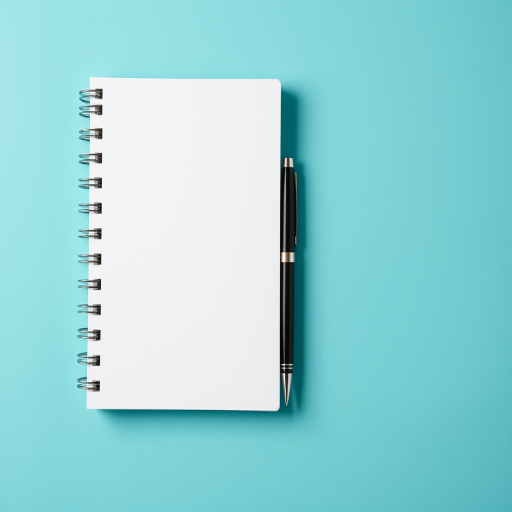 Create a high-resolution image of a blank spiral notebook with a smooth white surface and a sleek pen resting beside it, using a Canon EOS R5 camera with a 50mm lens at f/2.8 aperture, ISO 100, and a 1/200 sec shutter speed, captured from a top-down perspective on a solid teal background.