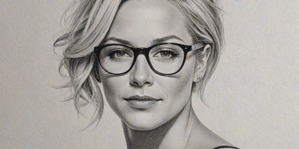 Stunning Brittany Daniel, pencil sketch, portrait of Alluring woman 1933s in glasses, hair style beatnik, outline, clear lines, fine lines, 8k