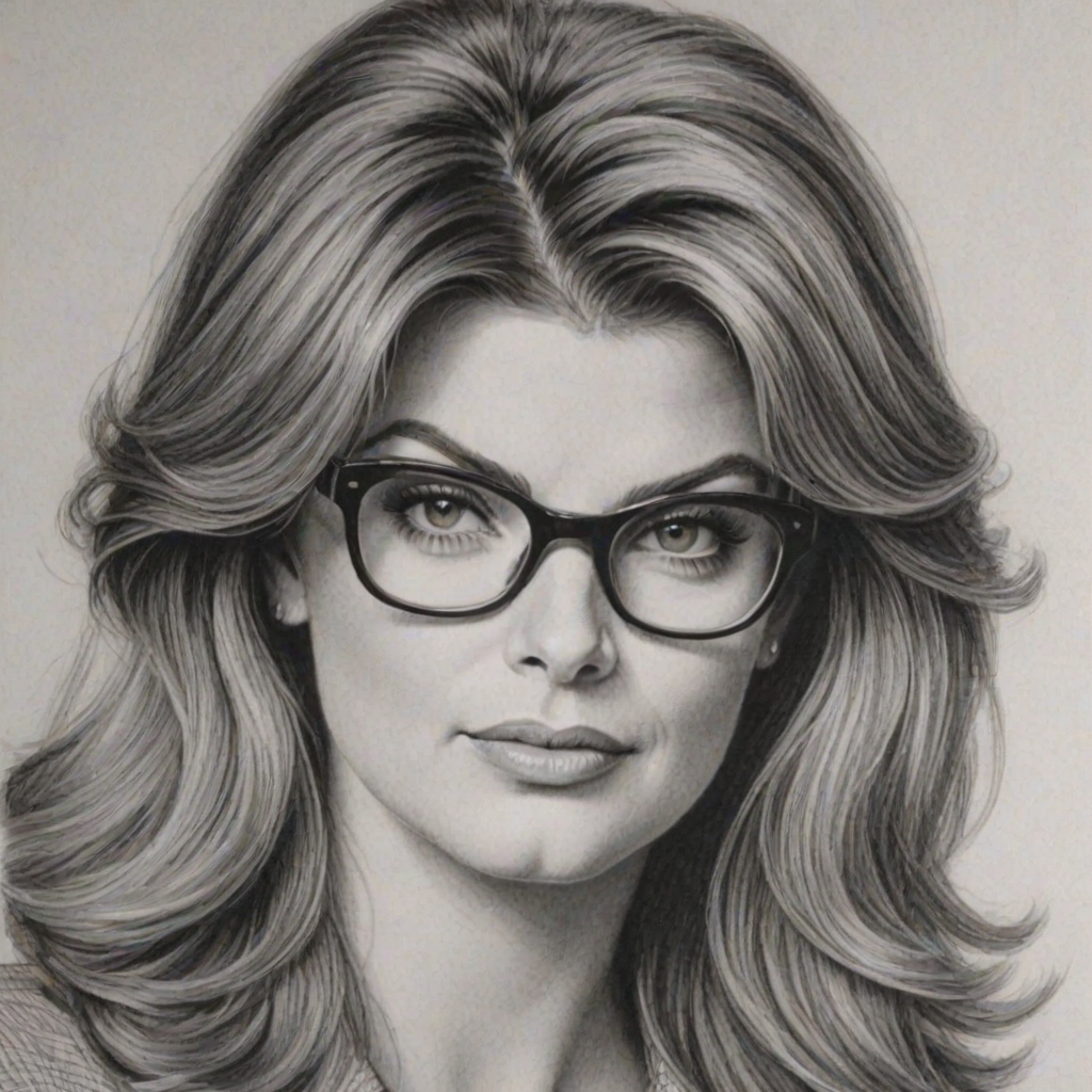 Charming Kirstie Alley, pencil sketch, portrait of Pleasing woman 1964s in glasses, hair style beatnik, outline, clear lines, fine lines, 8k