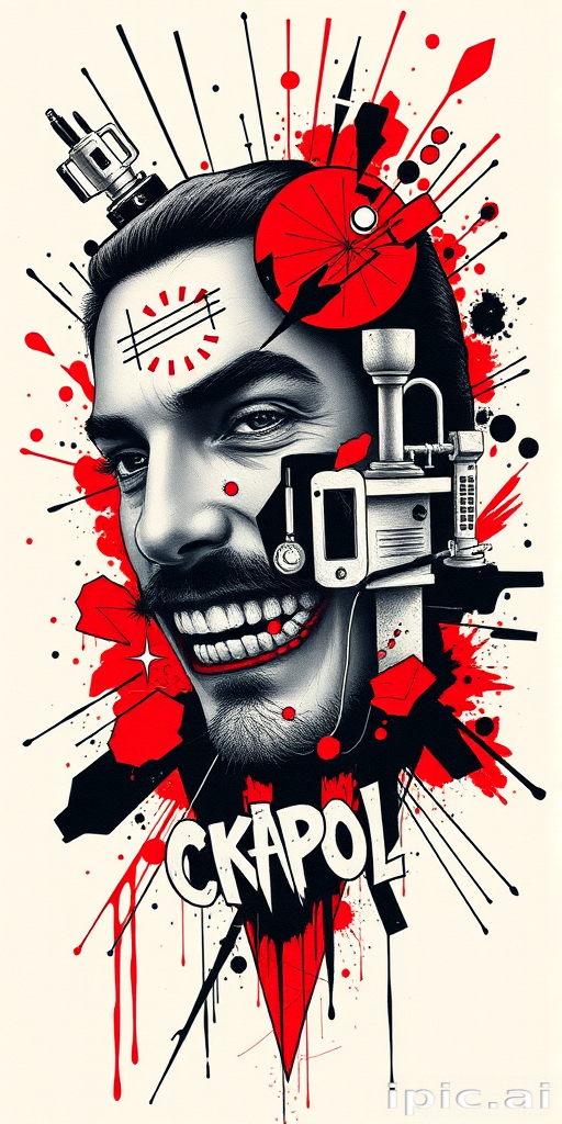 Bold trash polka tattoo called "Urban Chaos" combining realistic elements with abstract shapes and splashes of vibrant red. Black ink dominates the design, creating stark contrasts and powerful imagery. Typographic elements and geometric shapes add a modern, graphic quality to the piece, resulting in a visually striking and edgy tattoo.