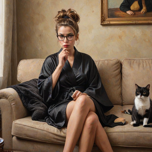 The words ‘Professional Overthinker’ (exact spelling) An exaggerated whimsical illustration of a cute silly lady with unruly messy brown bun and black glasses pouty lips and a thinking expression. Shes sitting on the couch, legs folded wearing a black silk robe, black fuzzy slippers. She’s holding her coffee cup and making a deep-in-thought face.  A quirky scruffy cat (dog) looking at her against a mottled, oil painting style soft background living room setting.