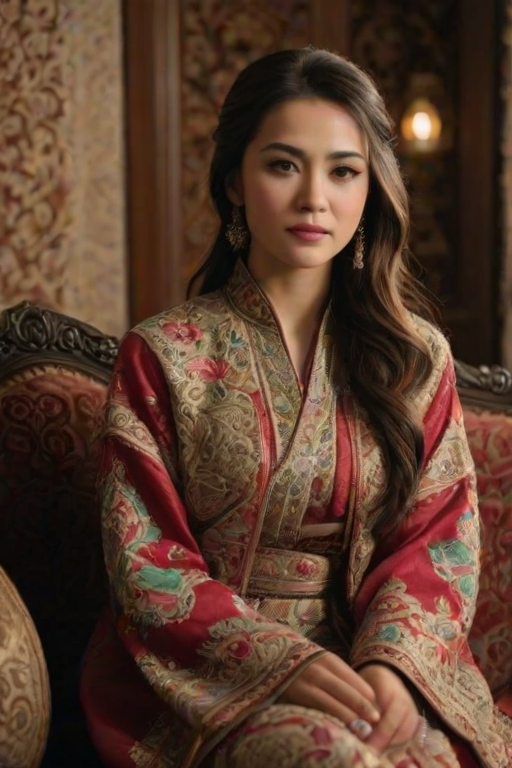 A beautiful Turkish woman in traditional East Asian attire, intricately detailed with embroidered patterns, sitting gracefully in a richly decorated room, soft ambient lighting, serene and elegant, ultra-realistic, 8K resolution