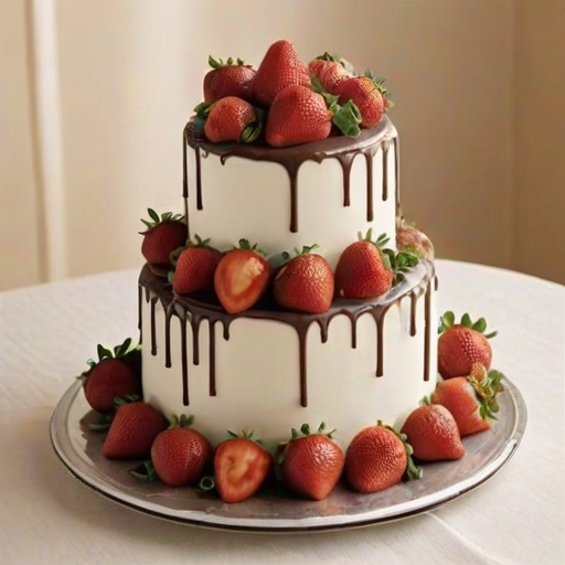 Create a three-tiered wedding cake with a smooth white fondant finish. The cake should have rich chocolate ganache dripping down the sides. Decorate the tiers with fresh strawberries and chocolate-covered strawberries arranged around the base of each tier. The setting should be elegant, with a soft background that complements the cake.