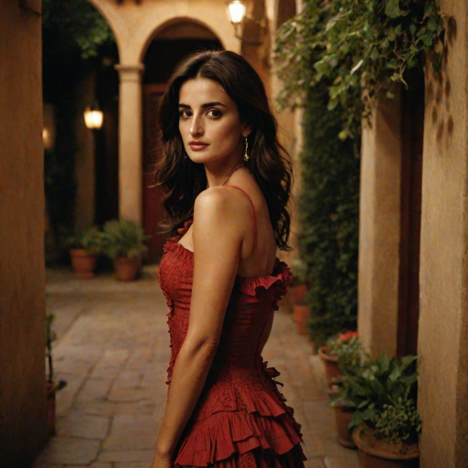 Alluring photograph of Penelope Cruz, celebrated for her performances in "Vicky Cristina Barcelona" and "Volver," capturing her sultry gaze, long dark hair, and full lips, dressed in a flamenco-inspired red dress with ruffles, posed gracefully in a dimly lit Spanish courtyard.
