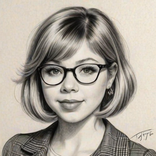 Appealing Jennette McCurdy, pencil sketch, portrait of Delightful woman 1931s in glasses, hair style beatnik, outline, clear lines, fine lines, 8k