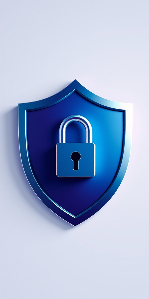 Create a high-resolution digital illustration of a shield with a padlock at its center, using a 50mm lens, f/2.8 aperture, ISO 100, and soft diffused lighting, capturing a front view with a minimalist style and vibrant colors to enhance clarity and detail.