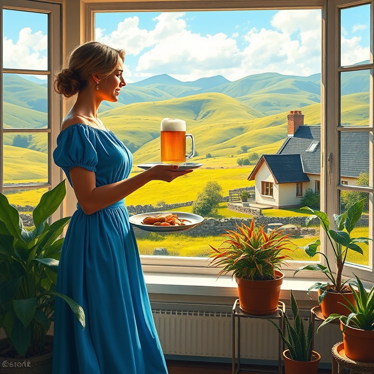 In "A Glass of Beer on the Highland," a serene scene is depicted in a sunlit room where a woman in a vibrant blue dress stands by a large window. She holds a tray with a hearty meal and a frothy glass of beer, embodying a moment of relaxation. Outside, the breathtaking highland landscape features rolling green hills and a charming traditional house, all bathed in warm afternoon light. The interior is adorned with potted plants, creating a harmonious blend of comfort and nature. The painting beautifully captures the tranquility and joy found in simple pleasures amidst stunning scenery