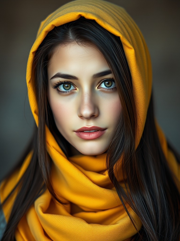 Create a portrait of a young Azerbaijani woman with long, dark hair and captivating hazel eyes. She is wearing a Yellow headscarf and a matching scarf draped gracefully around her neck. The background is softly blurred, focusing attention on her serene and natural expression. The overall color palette is muted and warm, enhancing the intimate and authentic feel of the portrait.