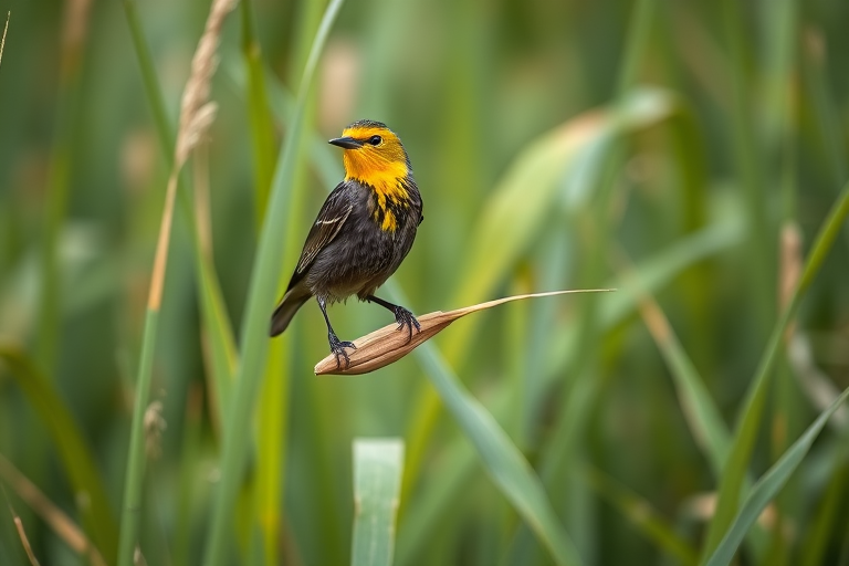 capture a yellow-headed blackbird perched on a reed surrounded by tall green grasses with a shallow depth of field, using a DSLR camera, 50mm lens, f/2.8 aperture, ISO 200, 1/1000 sec shutter speed, natural lighting, shot in landscape orientation