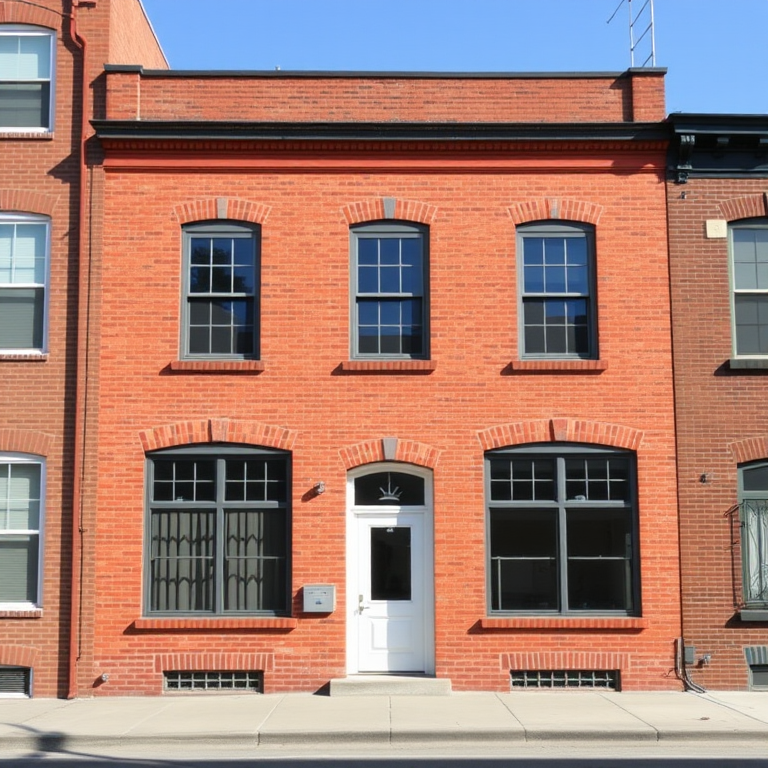 Generate a high-resolution image of a four-story brick building with a flat roof and a door on the ground floor, taken from a straight-on perspective using a DSLR camera, 50mm lens, aperture f/8, ISO 100, 1/200 sec shutter speed, natural lighting for enhanced clarity and detail.
