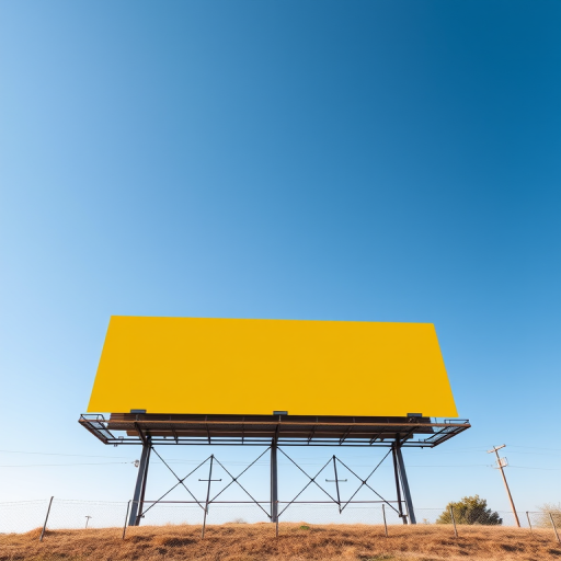 Create a clear yellow billboard against a bright blue sky, captured with a DSLR camera at f/8, ISO 100, 1/200s, wide-angle lens, landscape view.