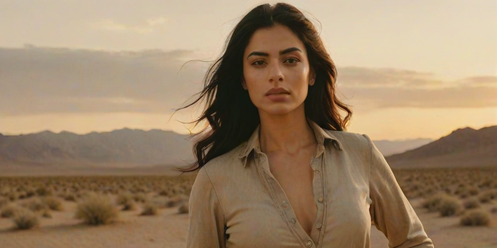 Dramatic photo of a beautiful Persian woman, classic cowboy attire, confident and free spirit expression, half-length portrait, centered, golden hour desert landscape, warm, diffused light, low angle, medium format film camera, in style of Annie Leibovitz.
