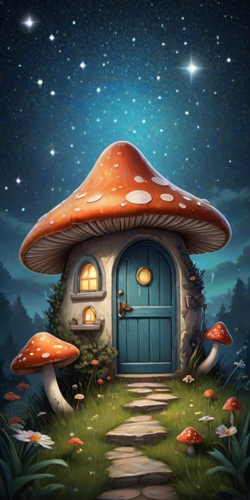 generate illustration of a mushroom house with a door and a window, a storybook , fantasy art, mushroom house, bg starry sky, sparkles