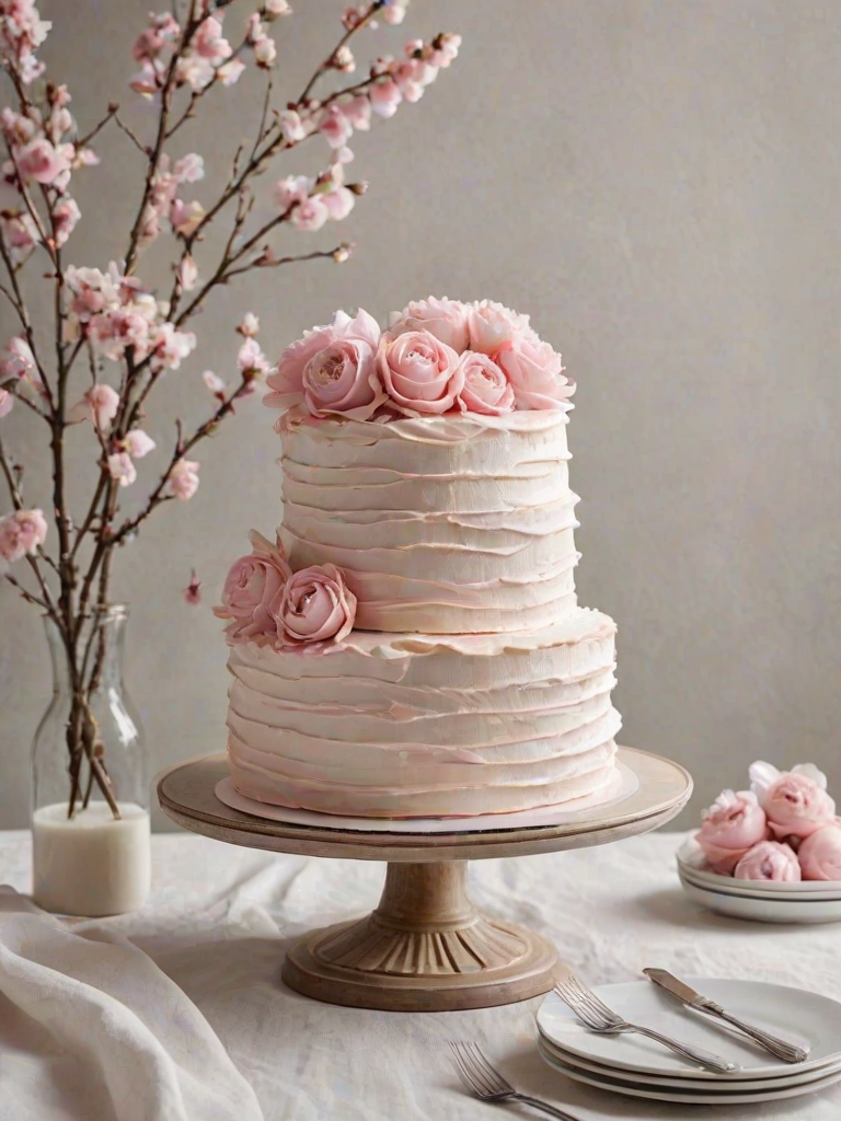 Create an image of a layered cake with soft pink meringue layers and fluffy white cream filling. The cake should be decorated with delicate pink flowers and presented on a decorative white cake stand. Include a simple white vase with a branch of blossoms in the background and a soft, textured fabric draped nearby. The overall atmosphere should be elegant and inviting.